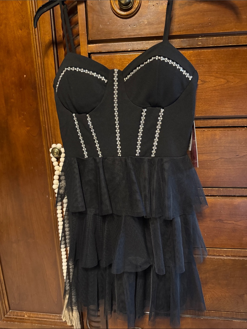 Emerald Sundae Black Tiered Tulle Mini Dress with Rhinestone Trim